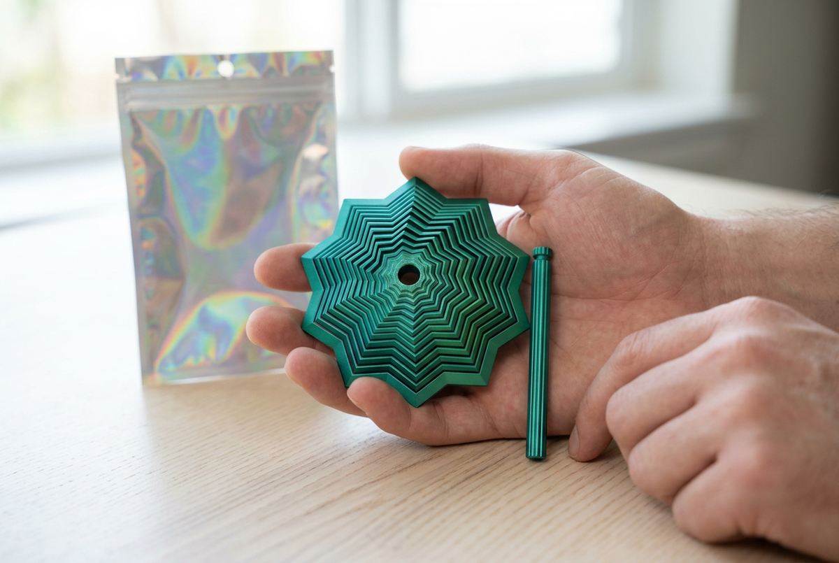 Hands holding the teal layered star