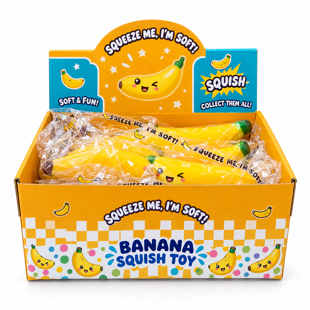 High-resolution front studio image of the yellow banana-shaped toy display