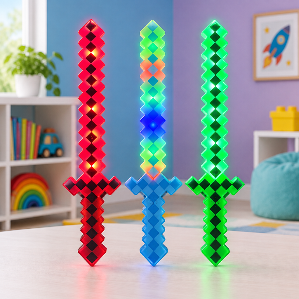 Illuminated swords in a colourful playroom setting