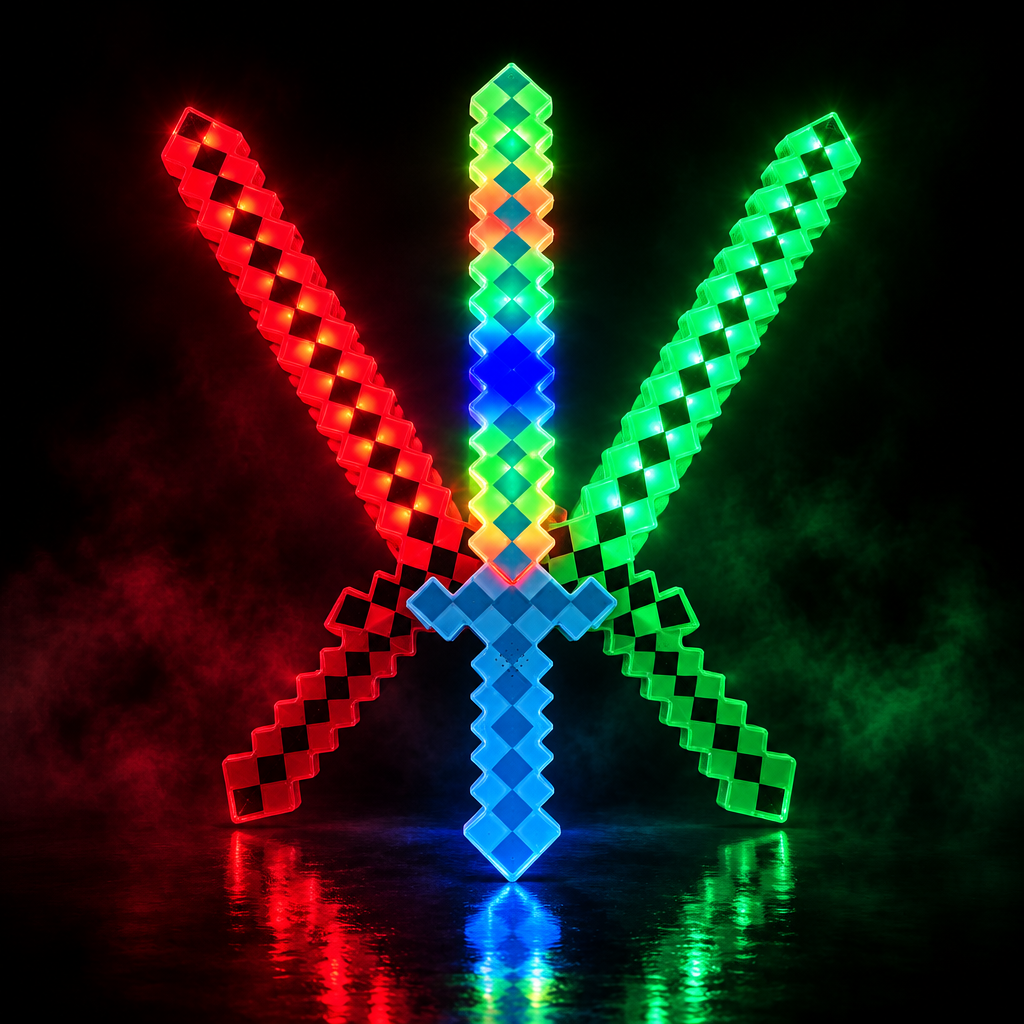 Illuminated swords on a dramatic black background
