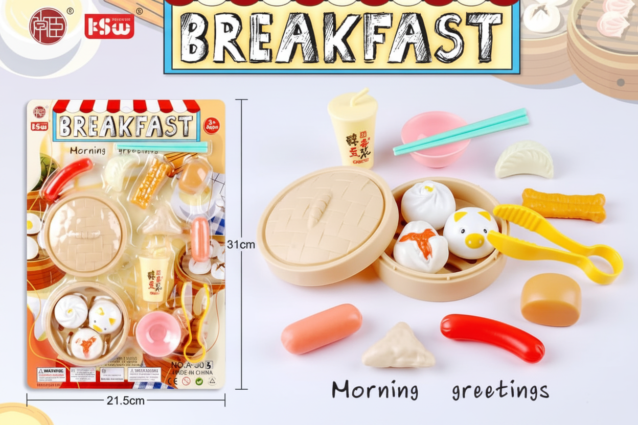 Flat lay overhead shot of breakfast play food toy set on white background