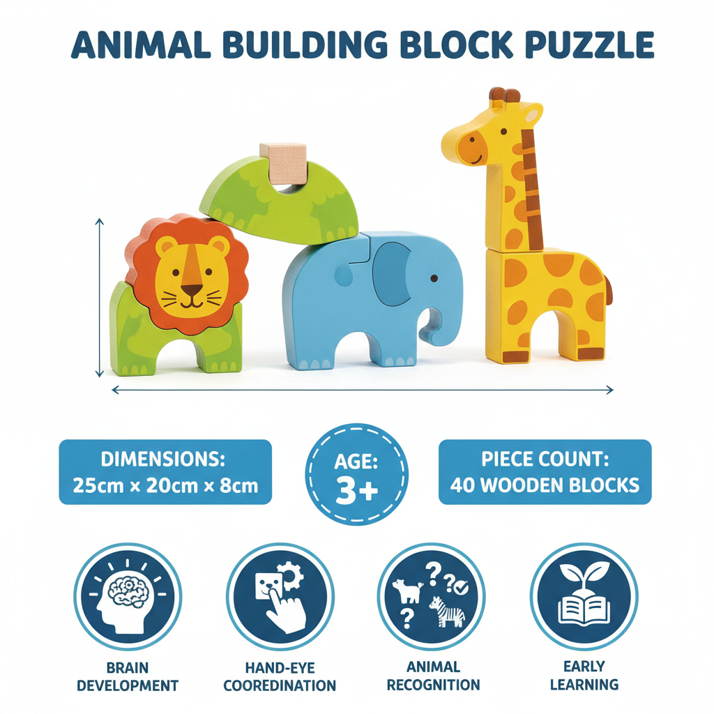 Animal puzzle infographic showing dimensions and benefits