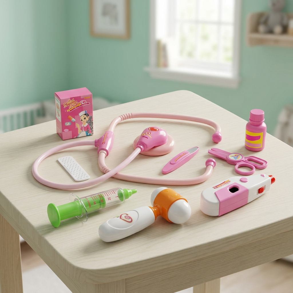 Toy doctor accessories on a nursery table