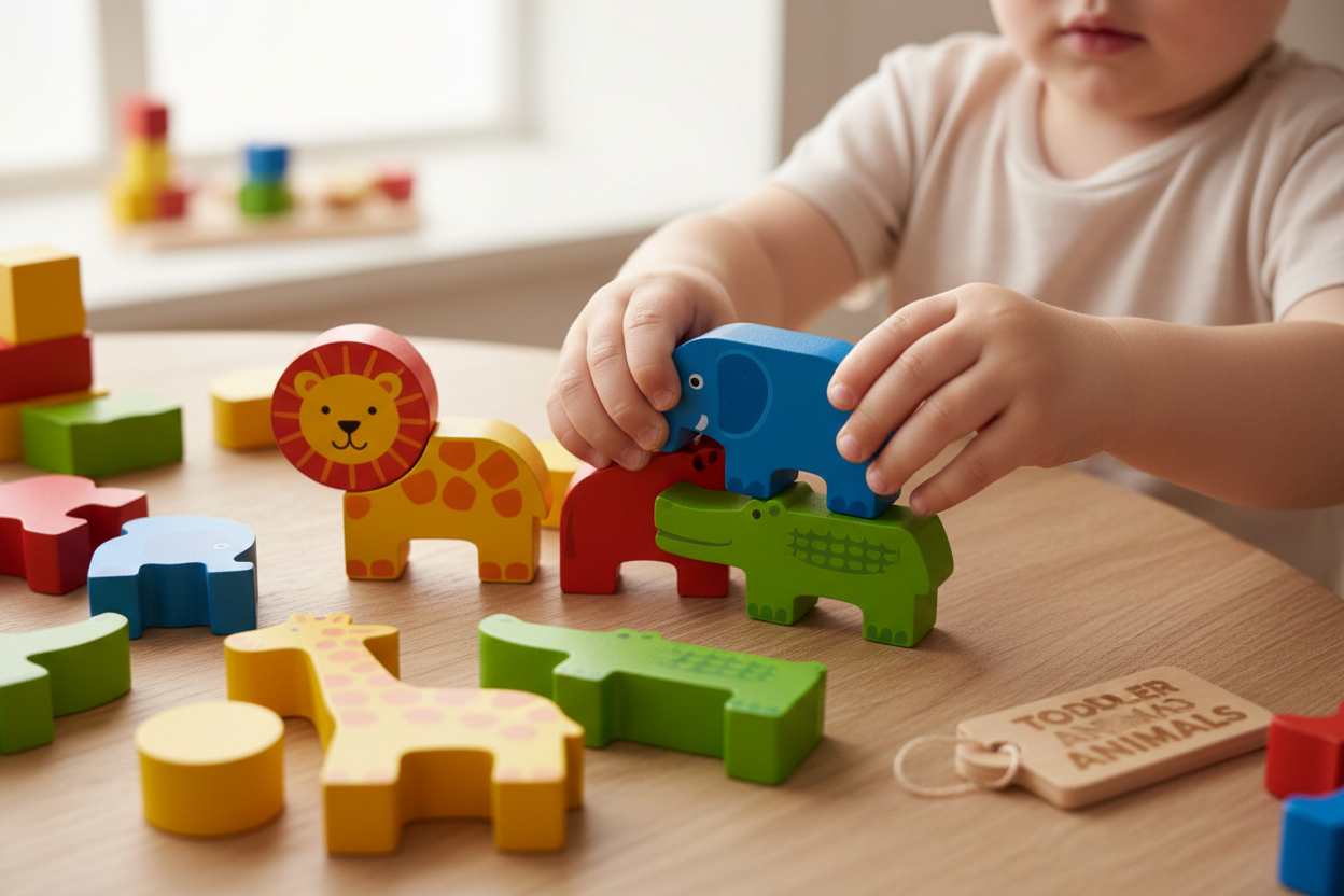 Child assembling animal building block puzzle