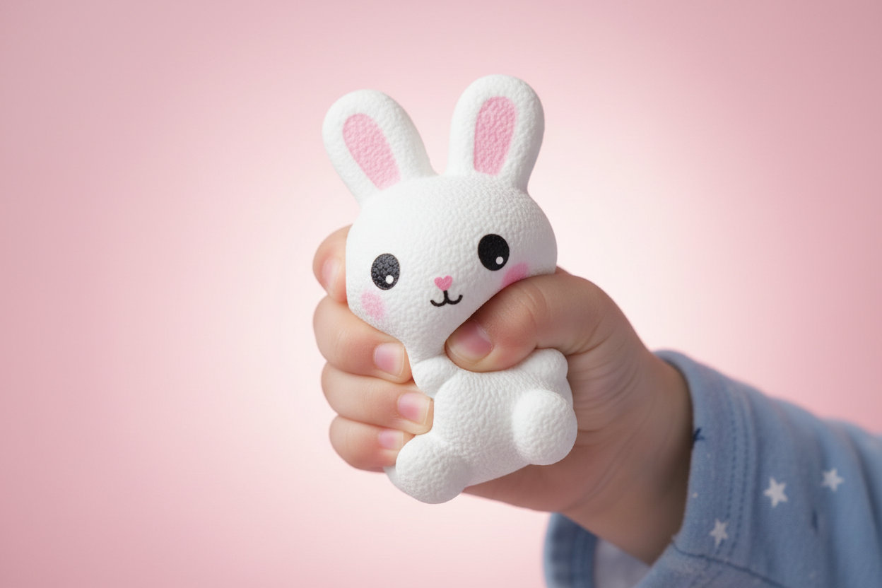 Child squeezing Squeezy Bunny squishy toy lifestyle photo