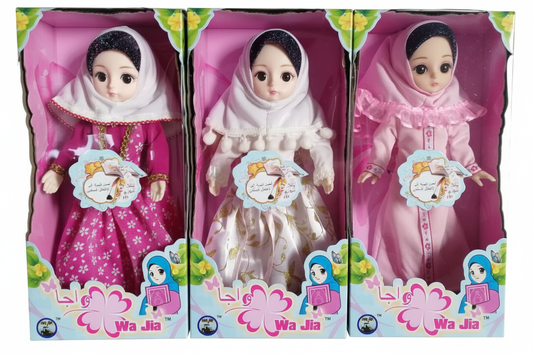 Wa Jia Muslim Hijab Doll – 3 variants on white background