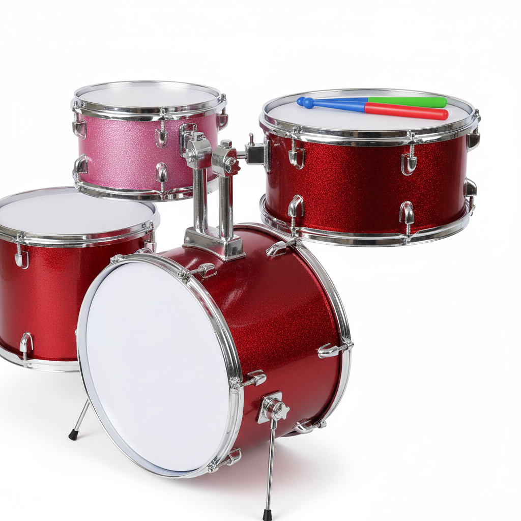 Children's toy drum kit 3012T – close-up of pink red drums showing sizes and chrome hardware