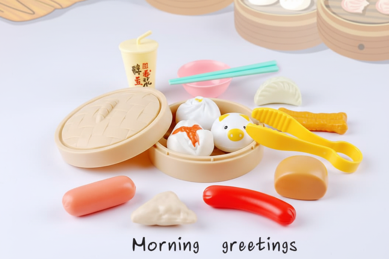 Side profile shot of breakfast play food toy set with premium styling