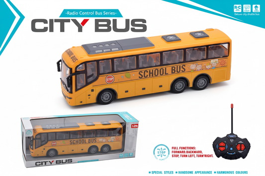 Yellow RC school bus toy full side view on white background