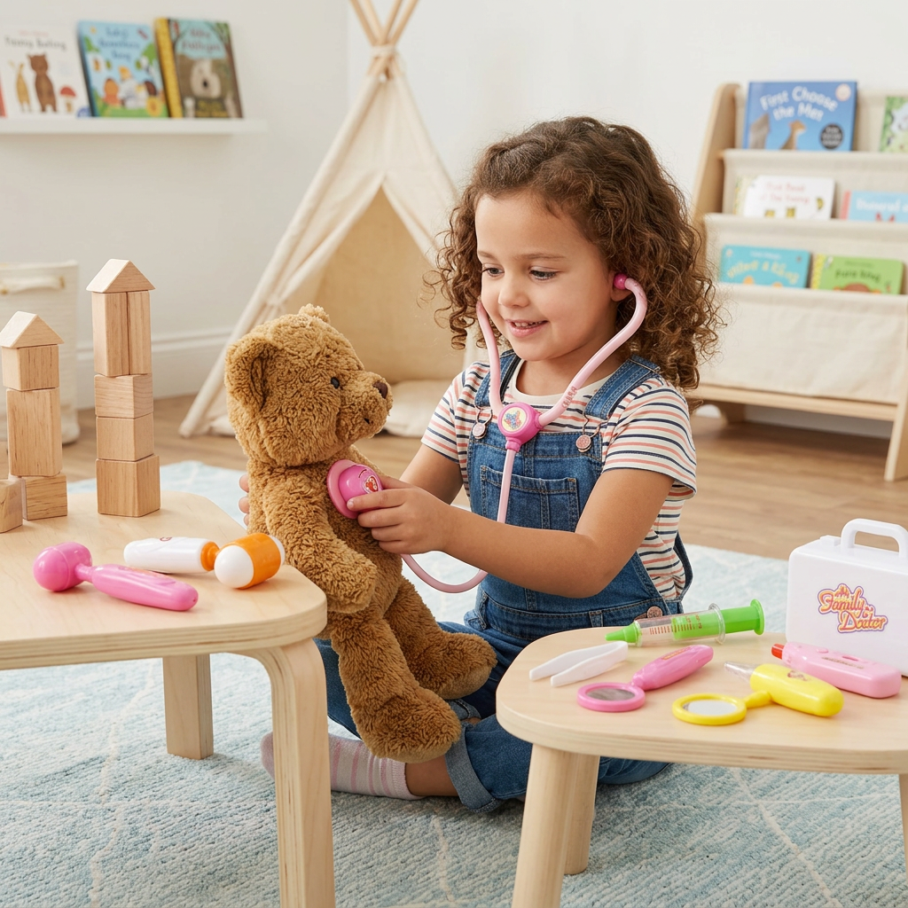 Child using toy doctor kit for pretend play with a teddy bear