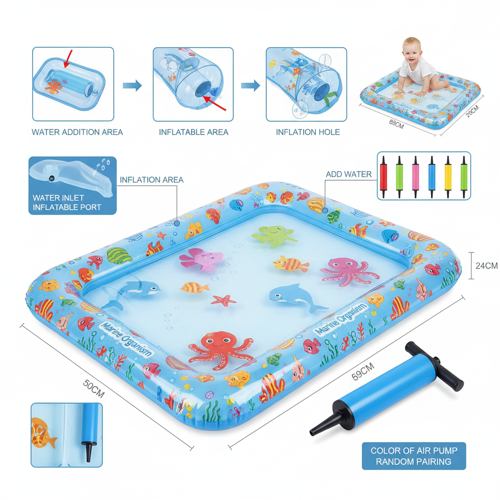 Marine Baby Water Play Mat – complete set with air pump on white background
