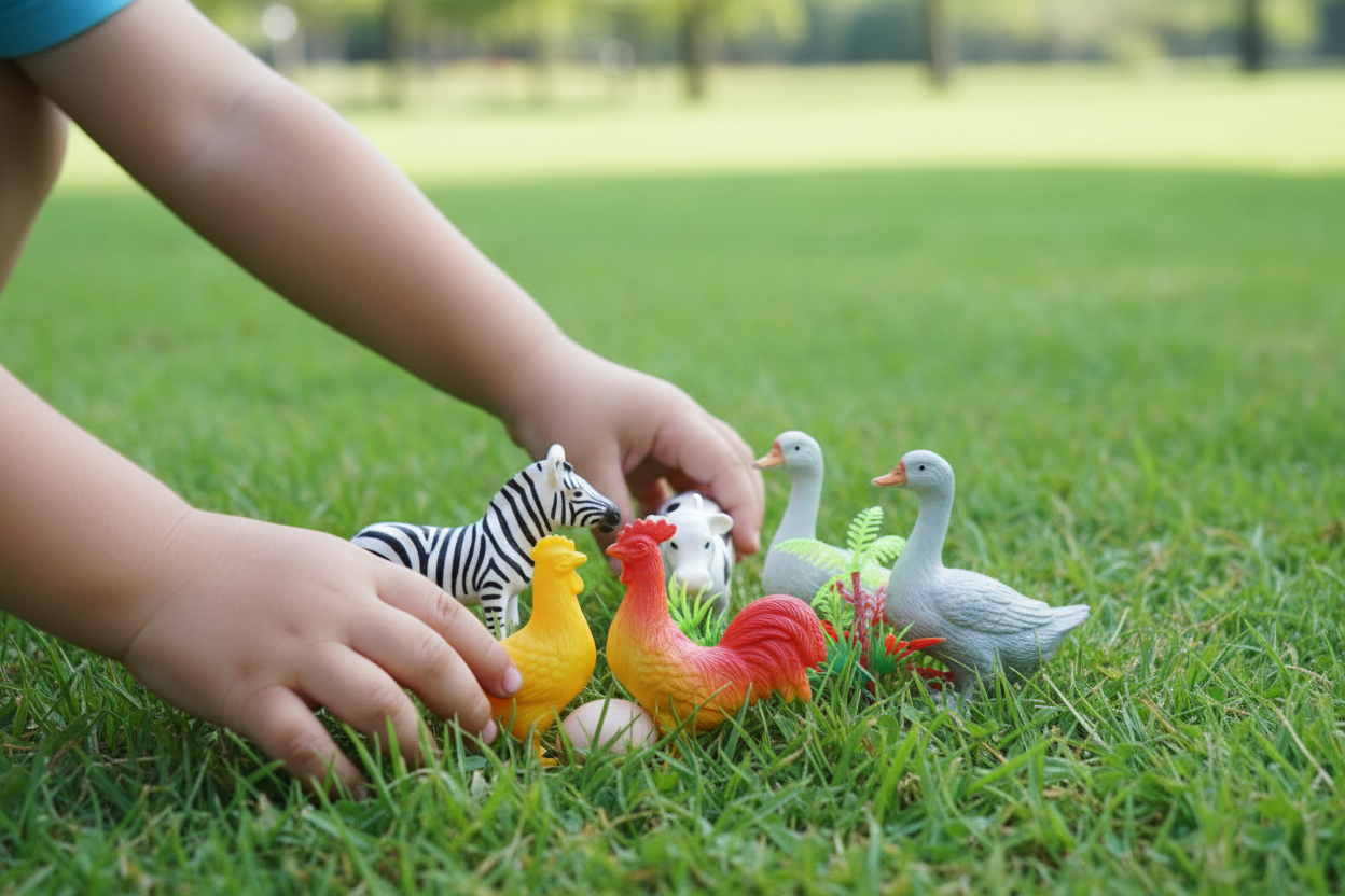 Child playing with Animal World farm animal figures outdoors on grass