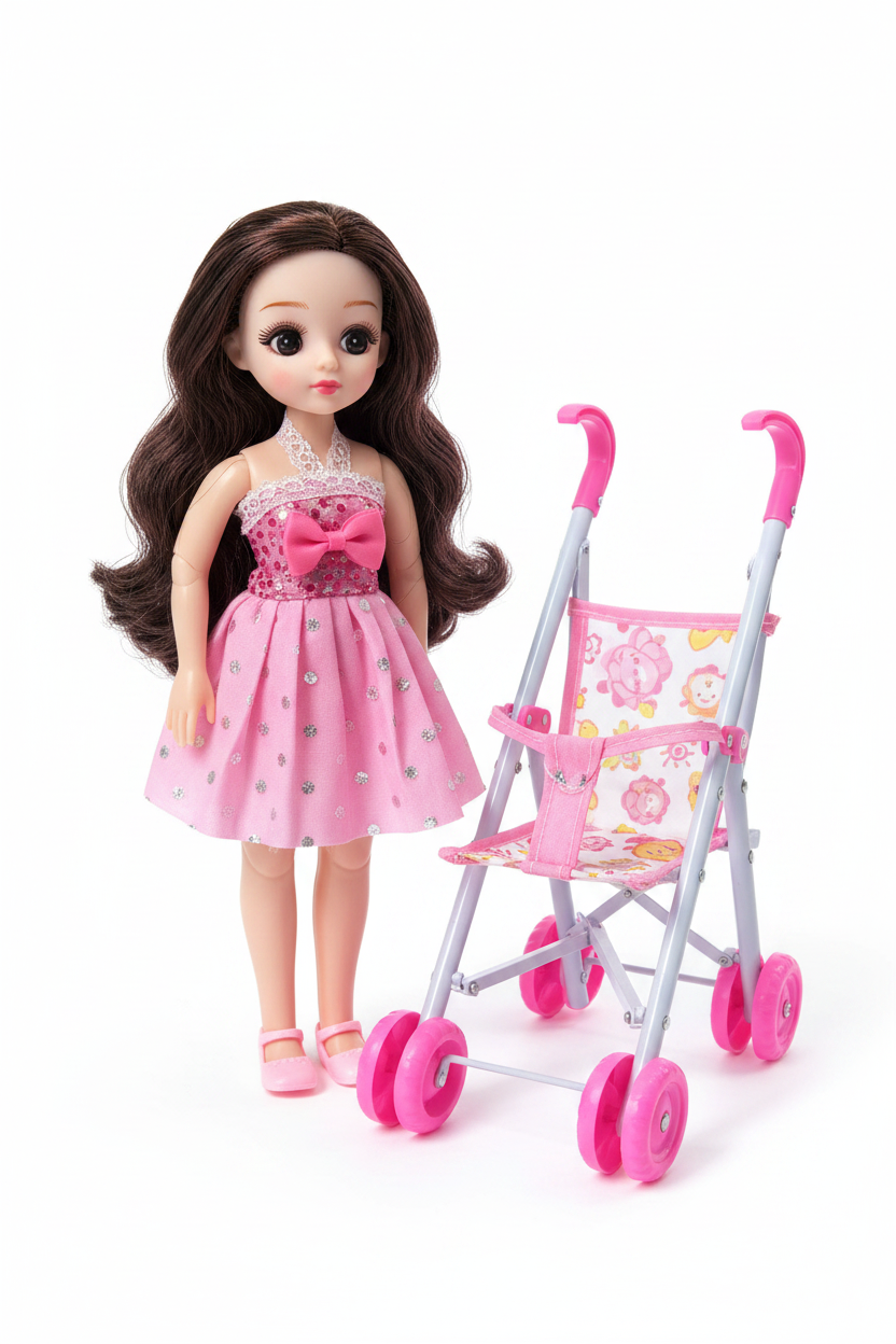 Fashion doll full body shot in pink polka dot dress