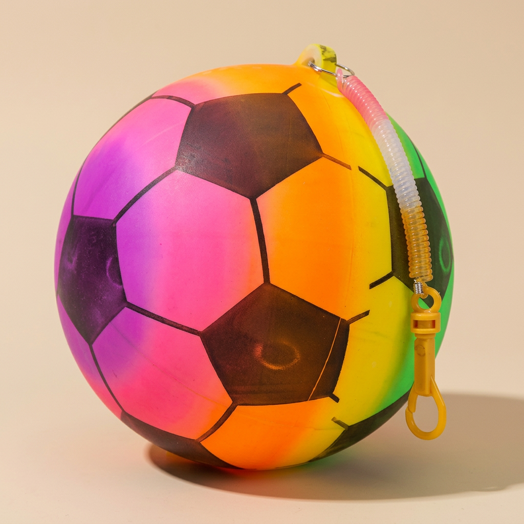 Three-quarter studio view of the rainbow football toy