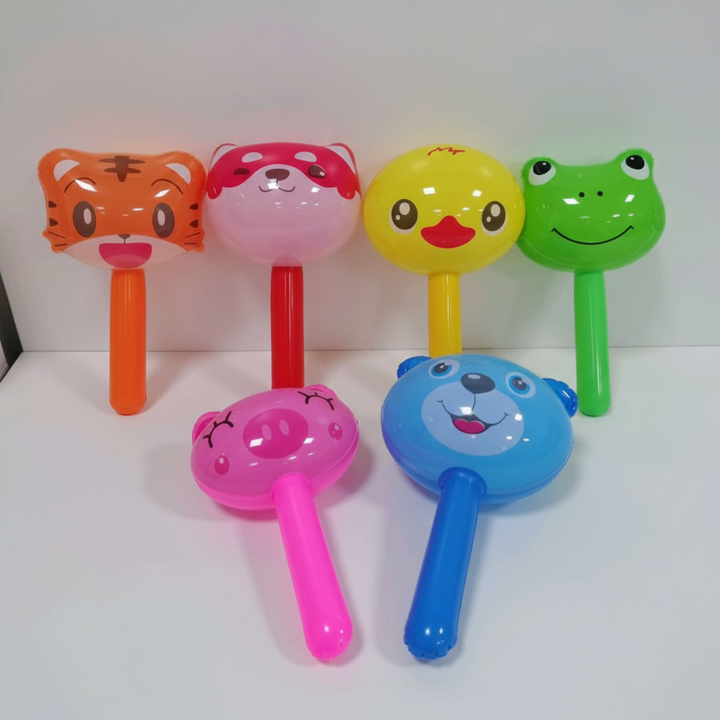 All 6 animal face inflatable toy hammers grouped on white background