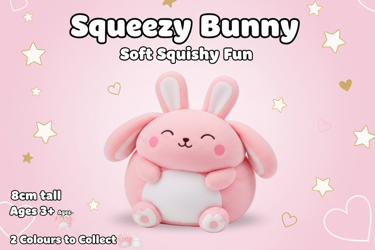 Squeezy Bunny marketing banner with key details