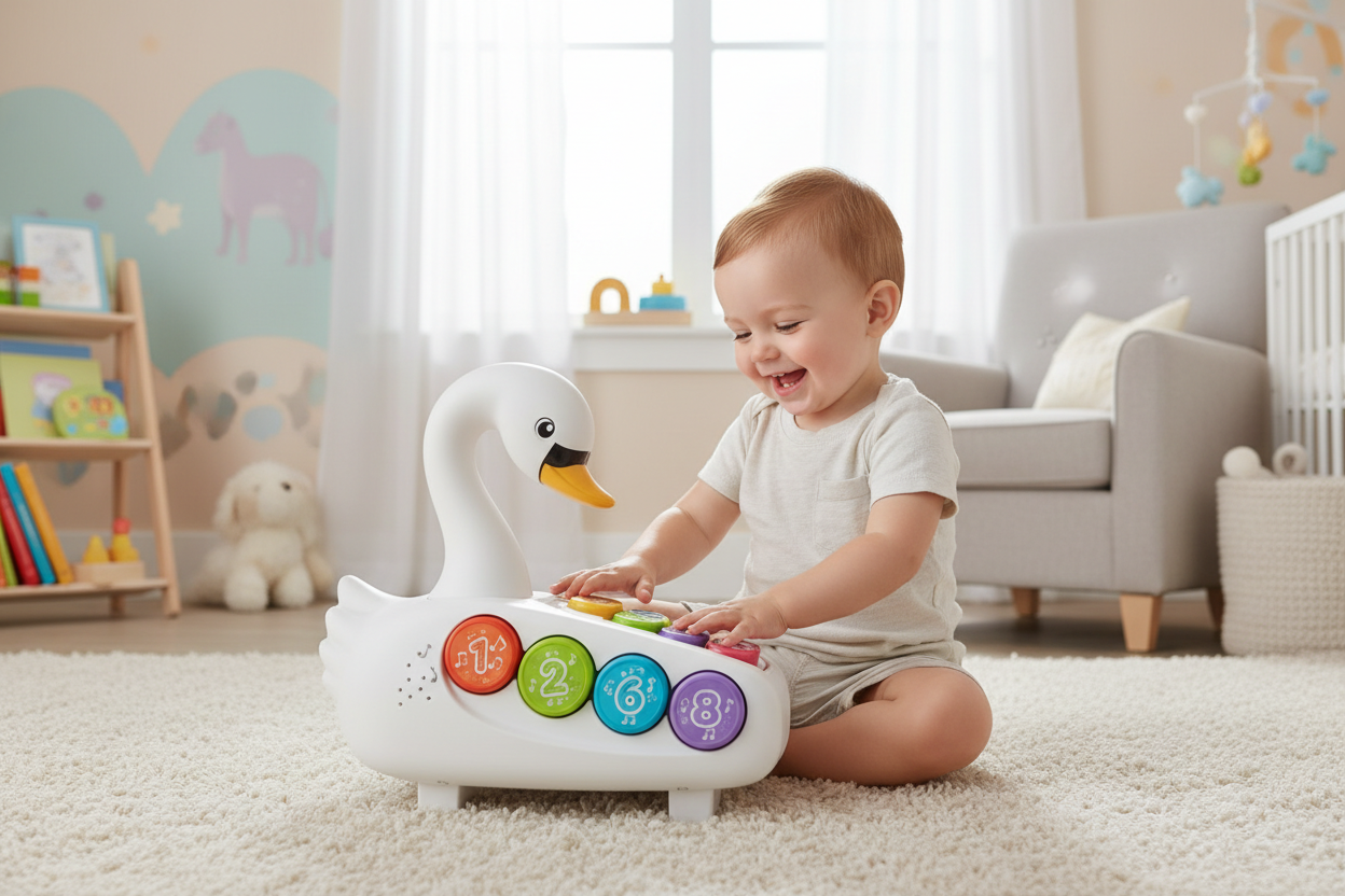 Toddler playing with Swan Piano musical toy