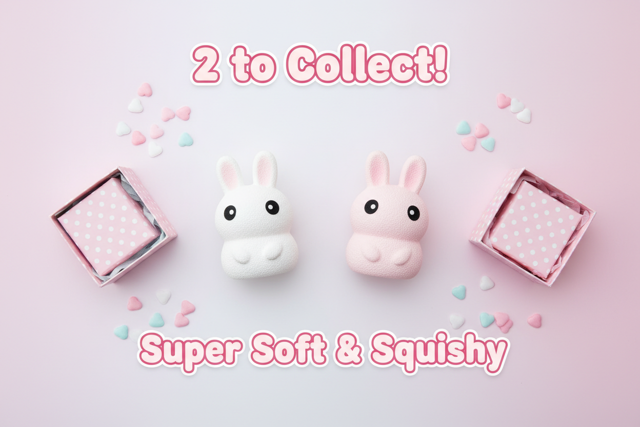 Squeezy Bunny flat lay with display boxes