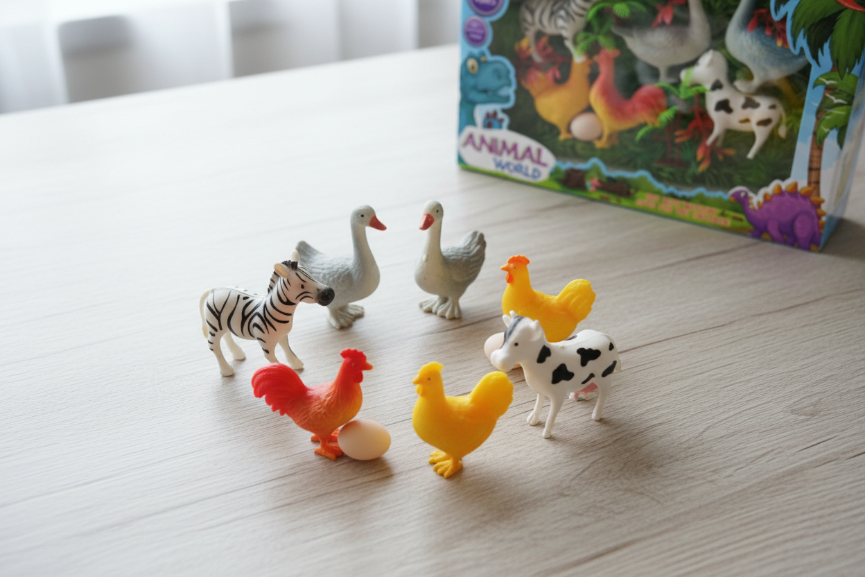 Animal World farm animal figures flat lay overhead shot with retail box