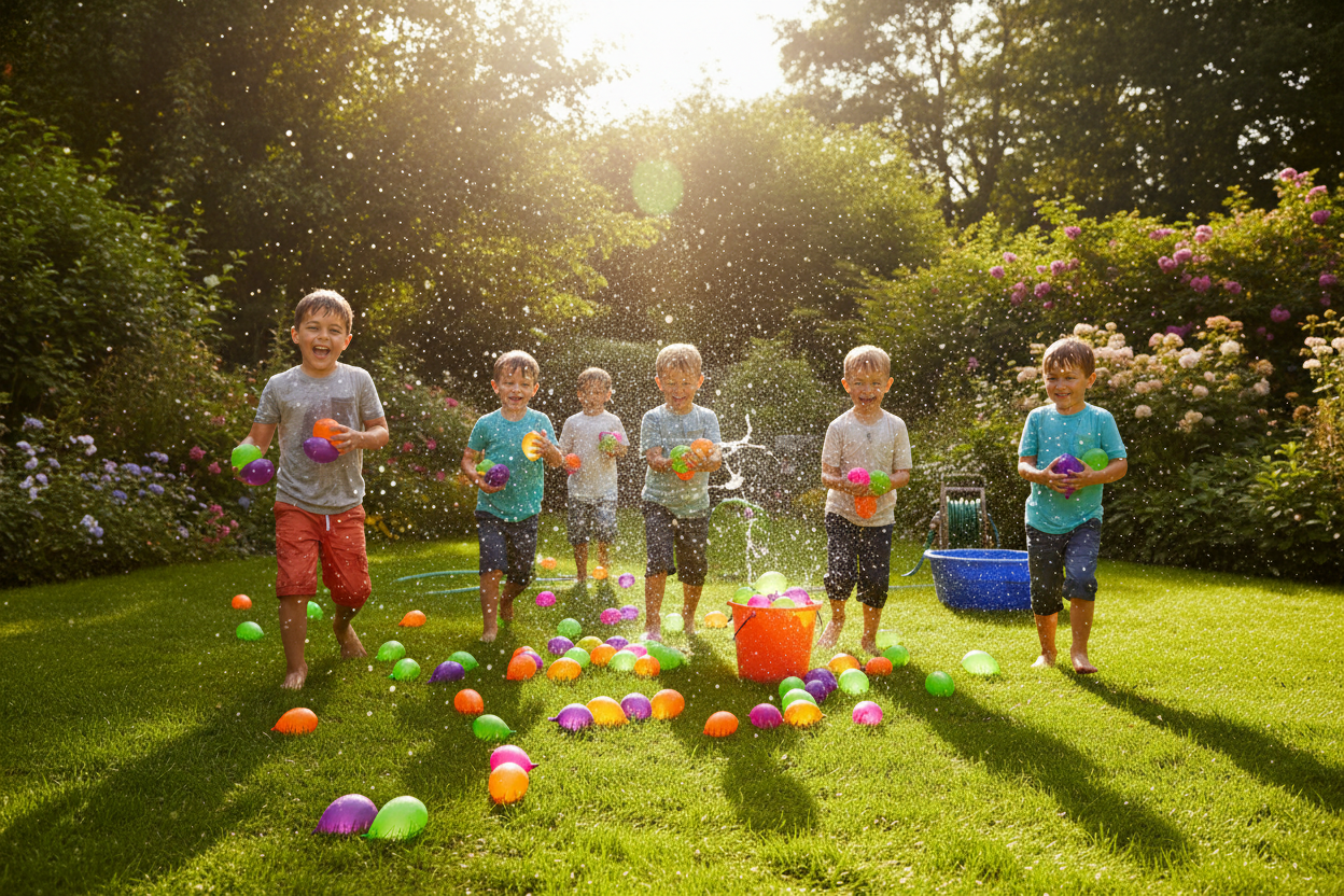 Kids playing with colourful self-sealing water balloons outdoors in summer