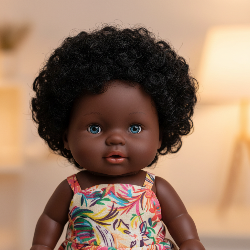 Close-up of Lovable baby doll face and floral dungaree outfit detail