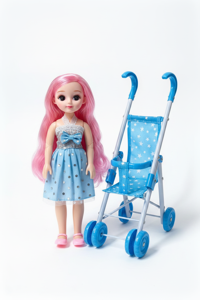 Fashion doll with assembled blue pram