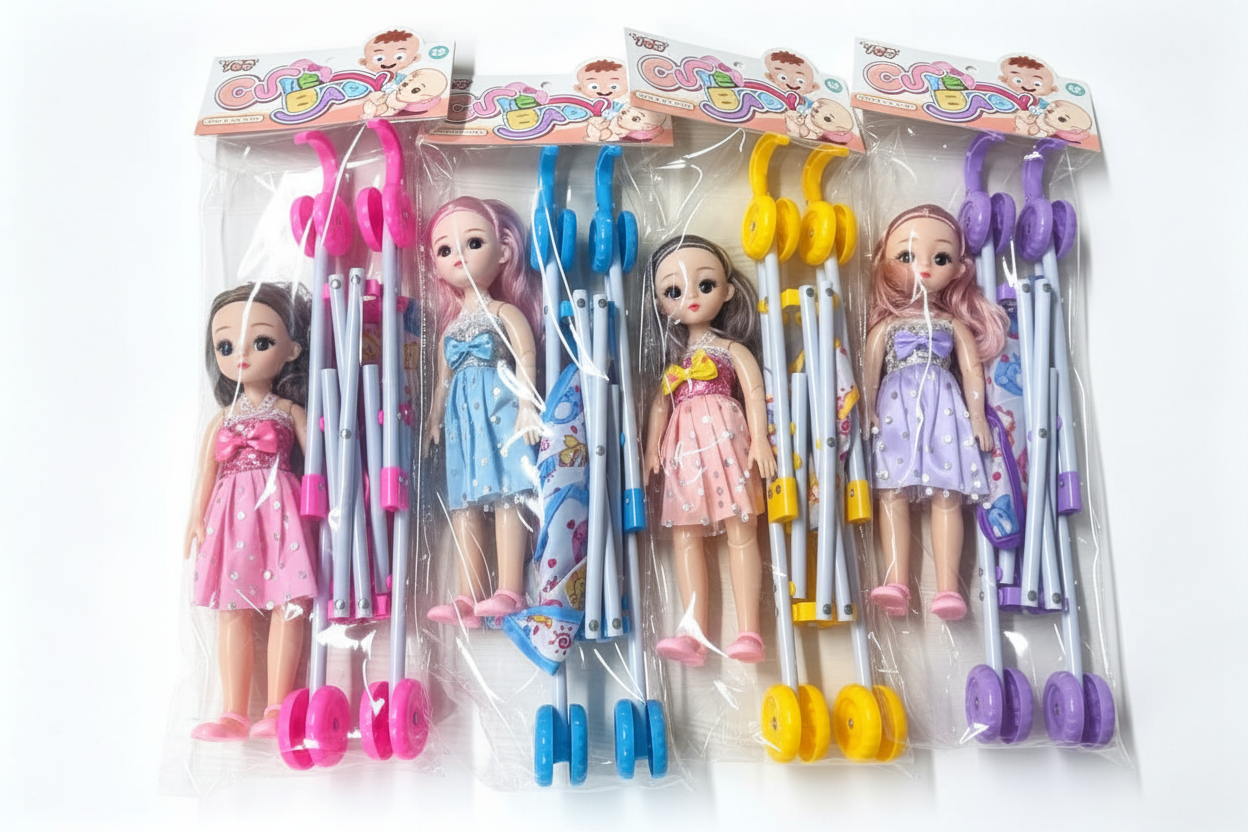 All 4 colour variants of fashion doll with pram set