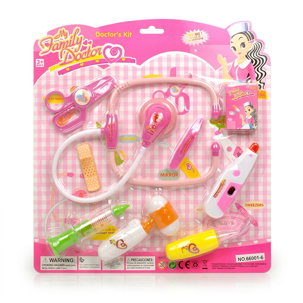 Pink doctor role-play kit in retail packaging