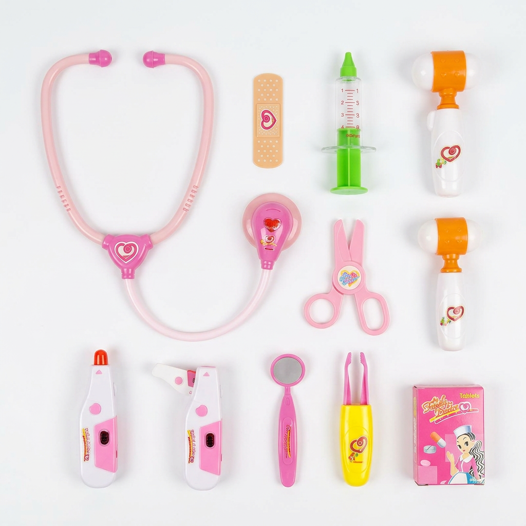 Pink toy doctor kit accessories arranged on white
