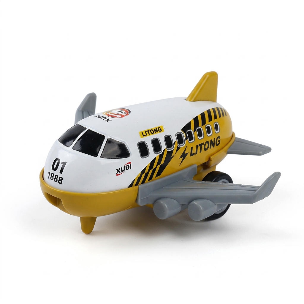 Individual white and yellow toy plane on a white background