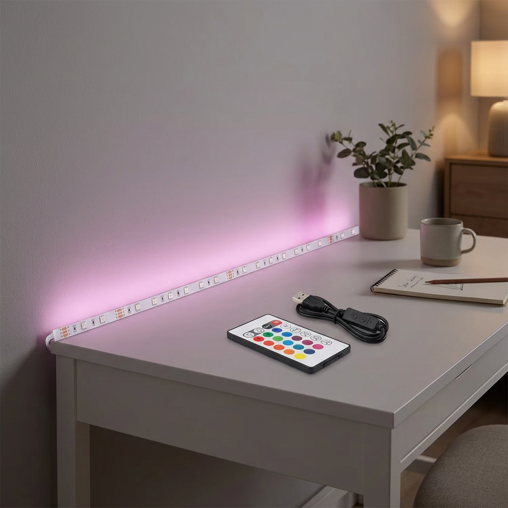 Indoor desk setting with coloured accent lighting