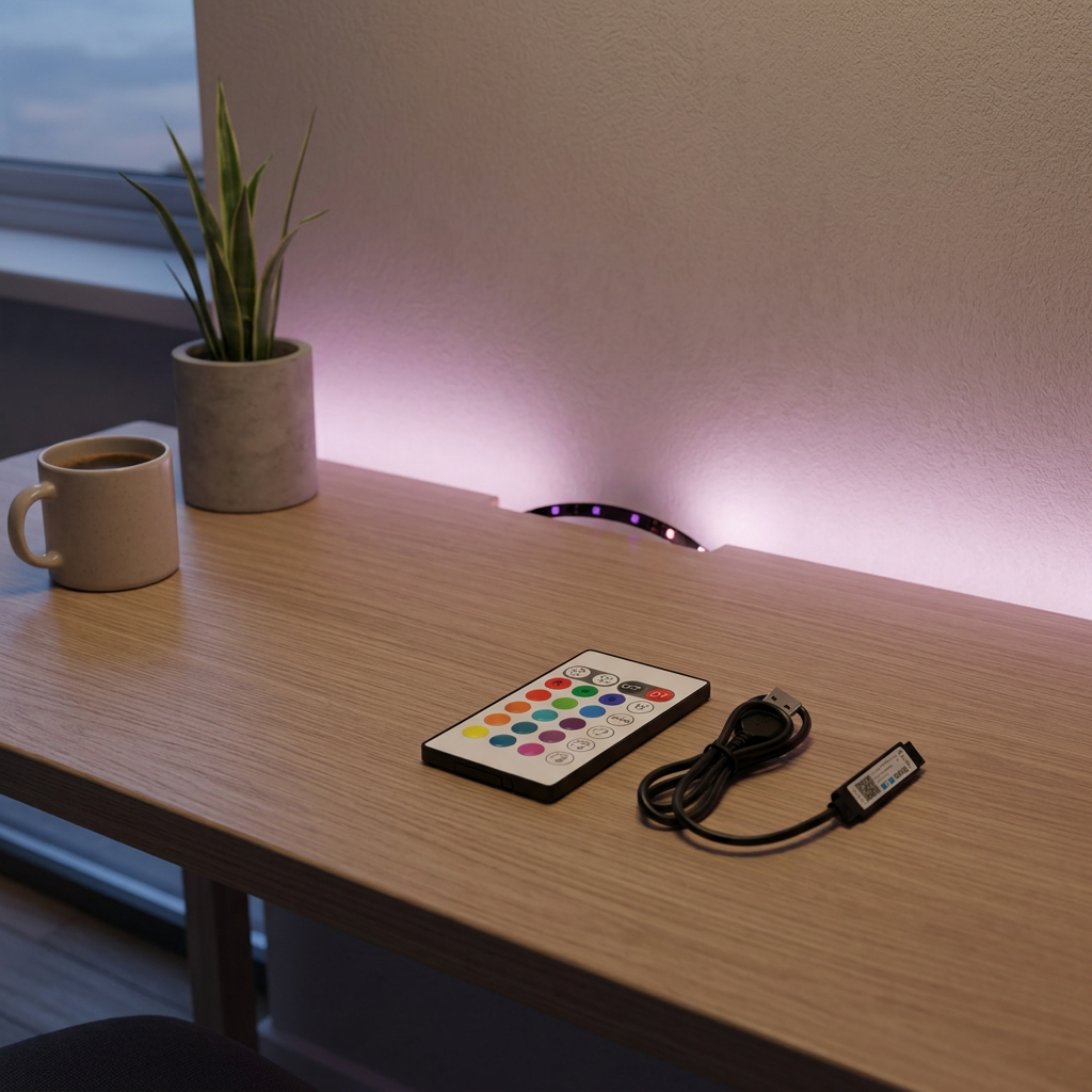 Indoor desk setting with coloured accent lighting