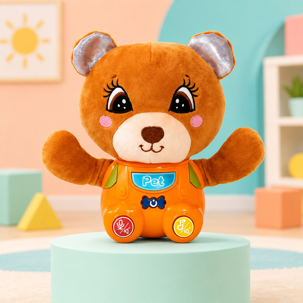 Interactive orange bear in a bright playroom