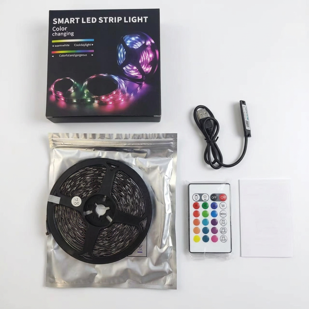 LED strip light kit with original packaging and silver pouch