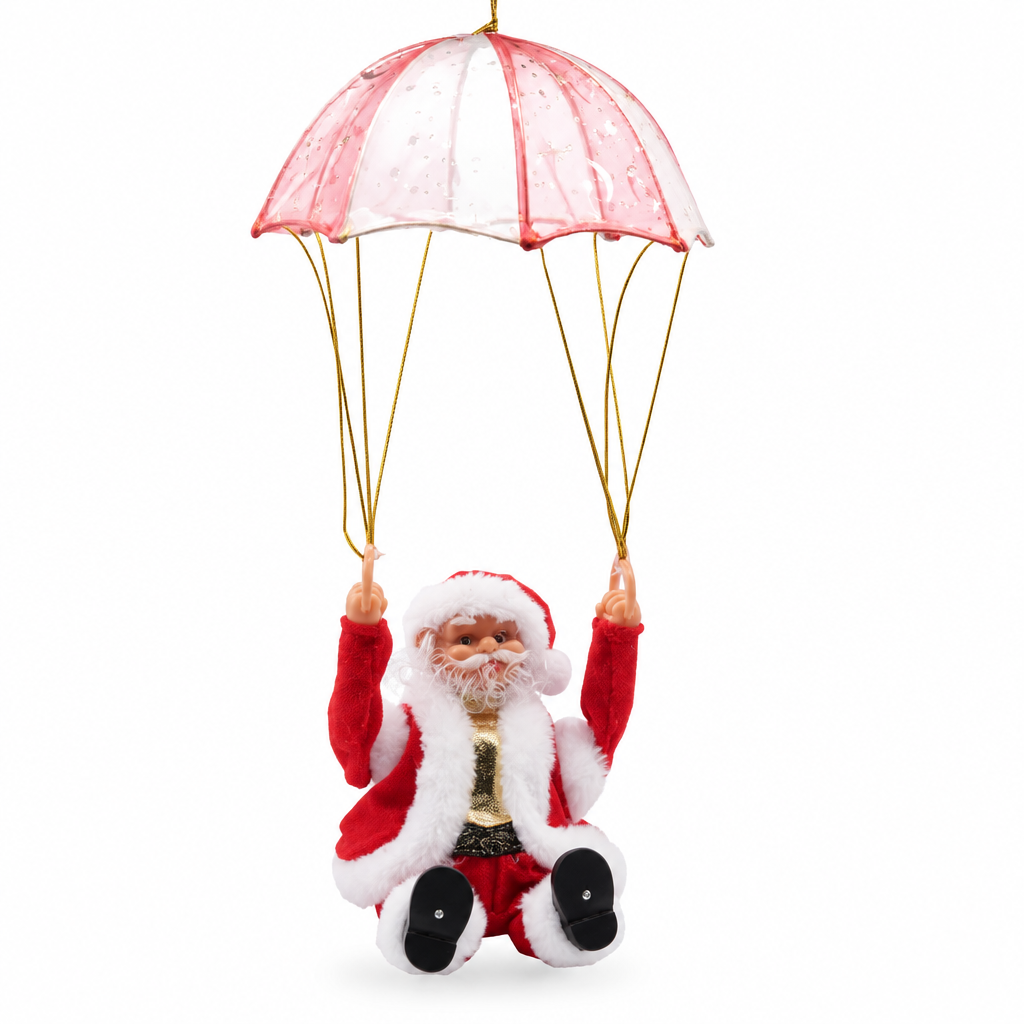 Left-angle view of parachuting Santa