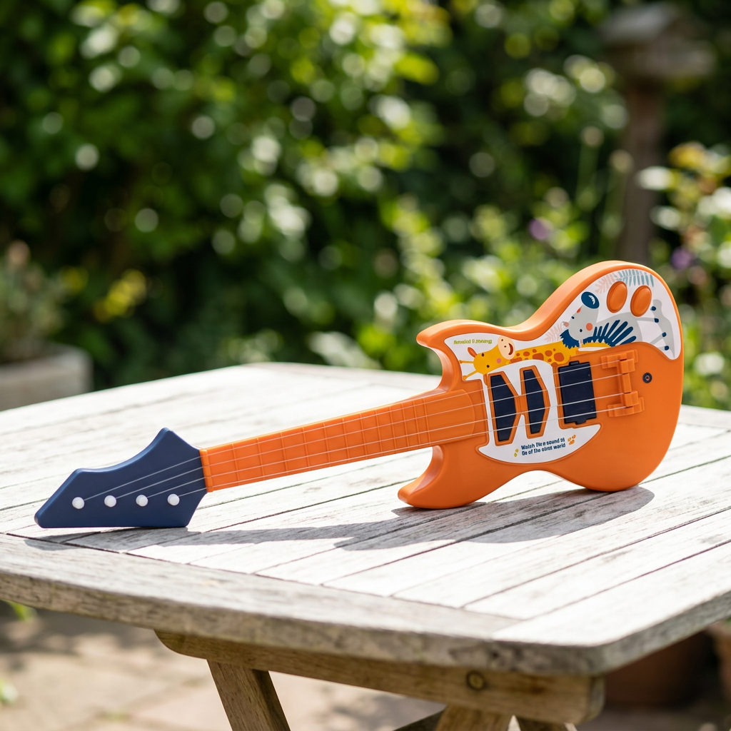 Orange toy guitar on a garden table