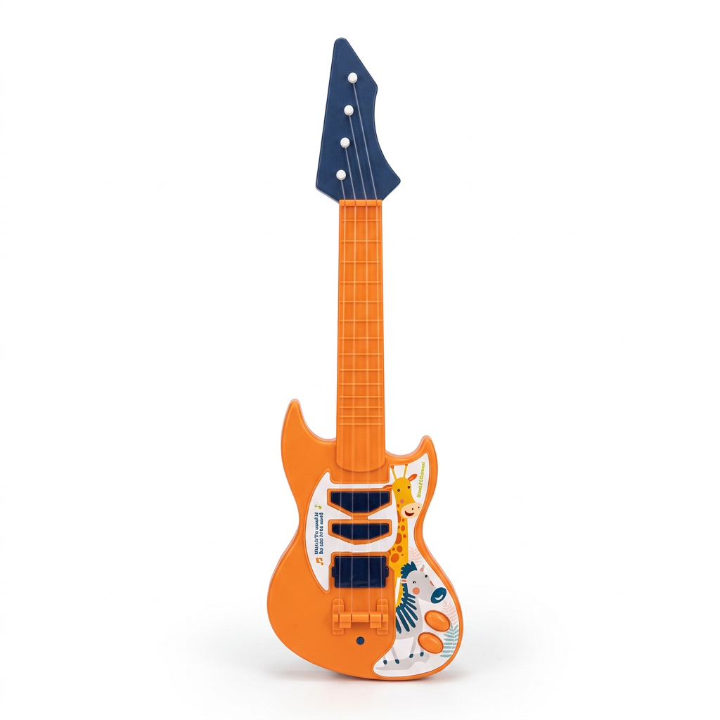 Orange toy guitar studio shot