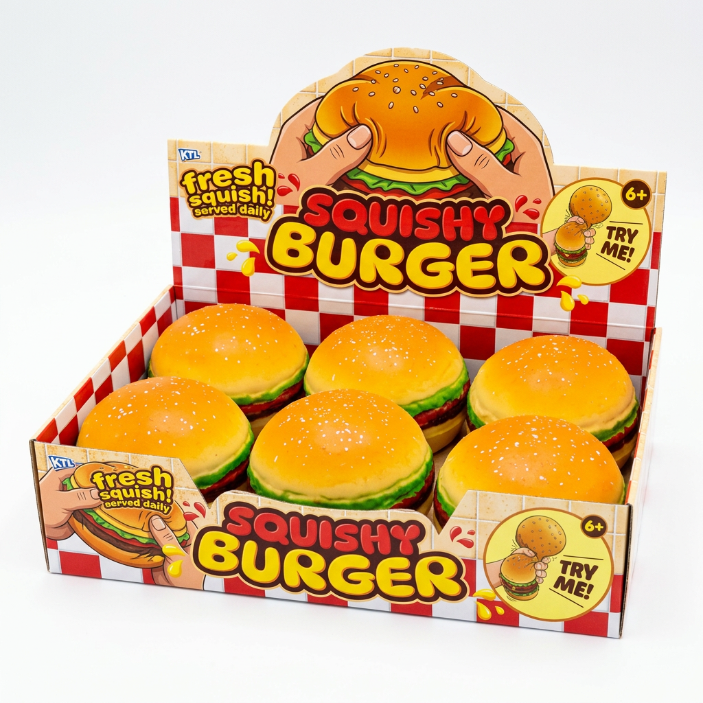 Original red-and-white squishy burger counter display