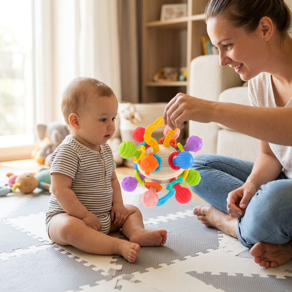 Parent presenting the rattle to a supervised baby
