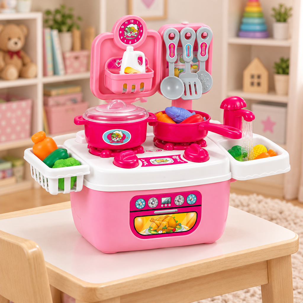 Pink cooking set on a child-height play table