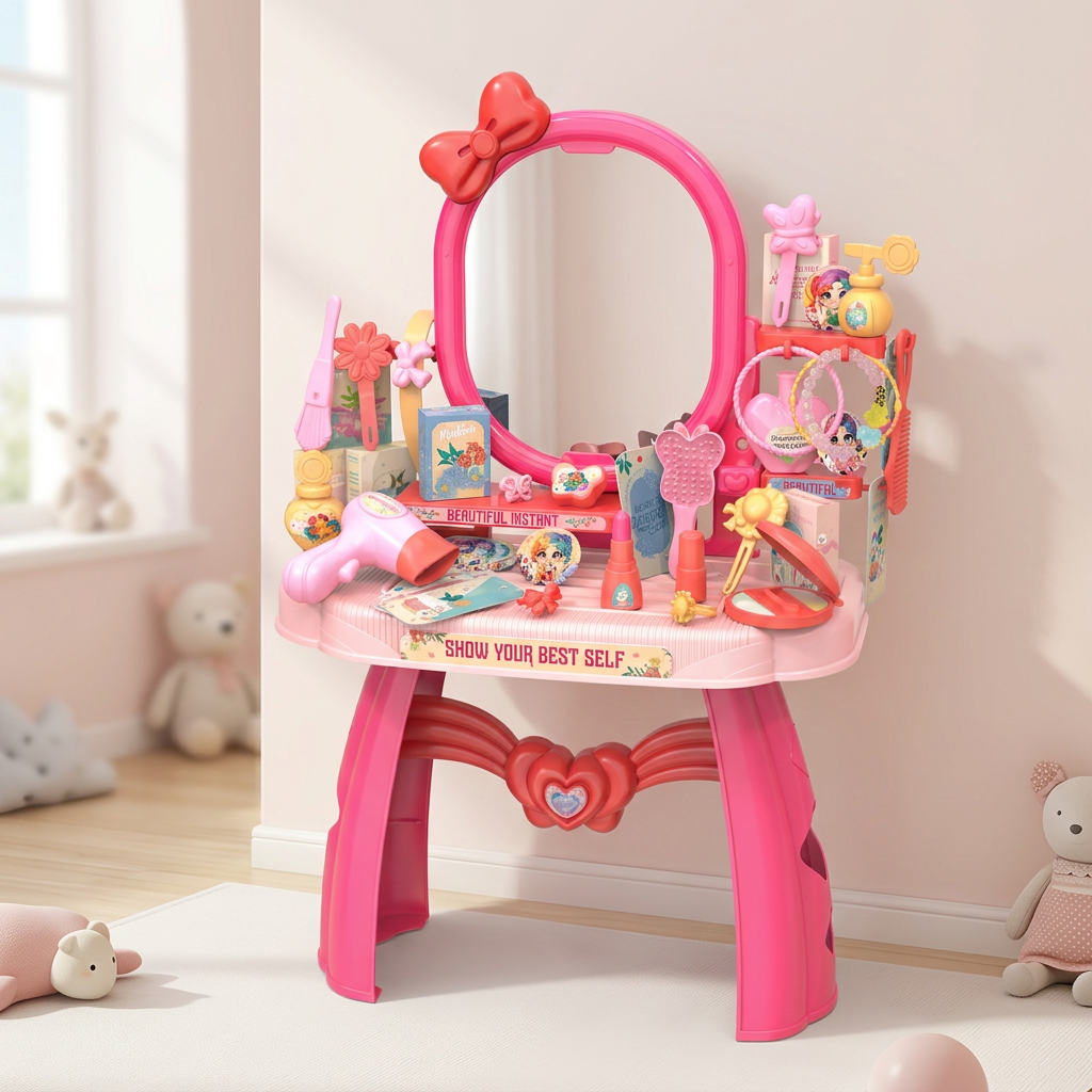 Pink dressing table in a bright bedroom setting