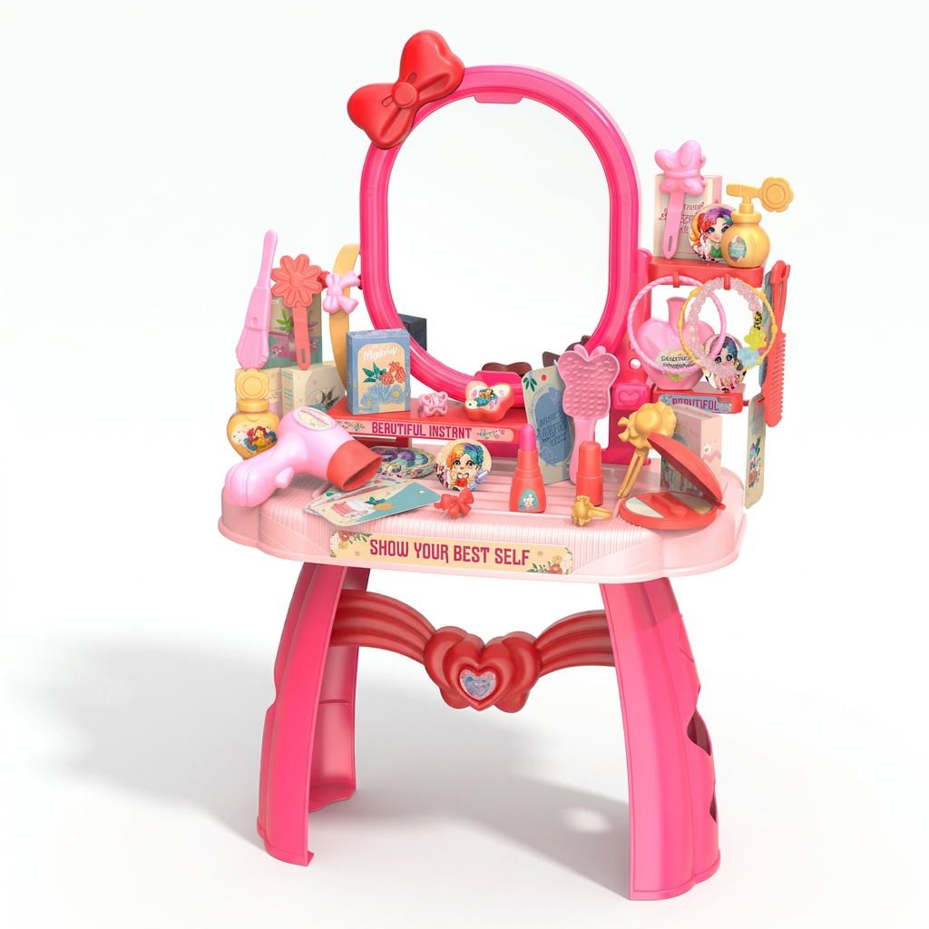 Pink dressing table with accessories