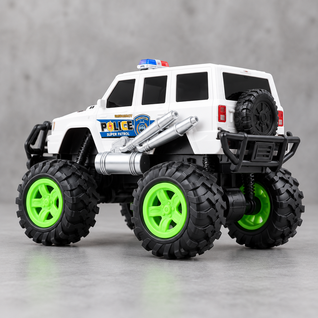 Police monster truck photographed from a low rear angle