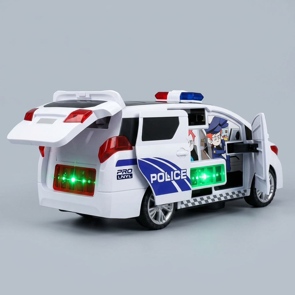 Police vehicle rear view with open doors and hatch