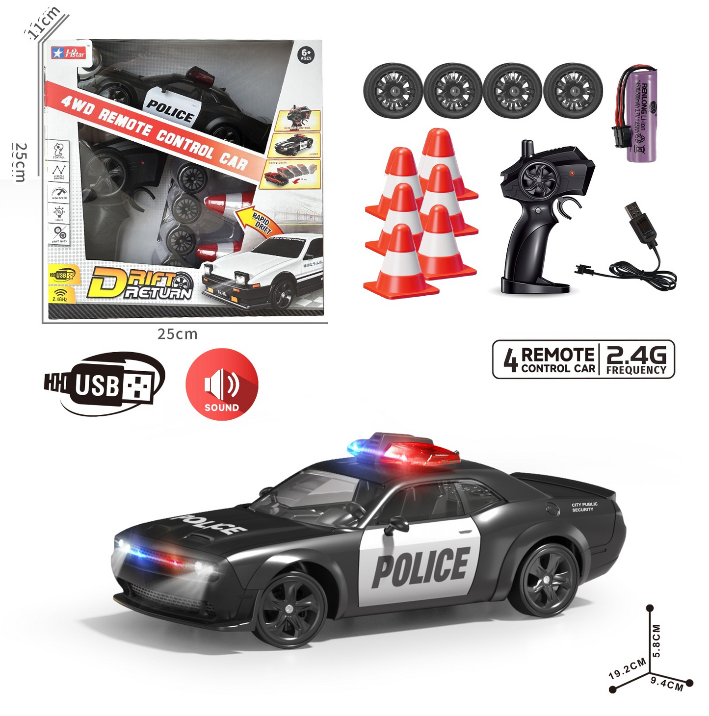 RC Police Drift Car 4WD Remote Control Rechargeable 2.4GHz 1:24 Scale