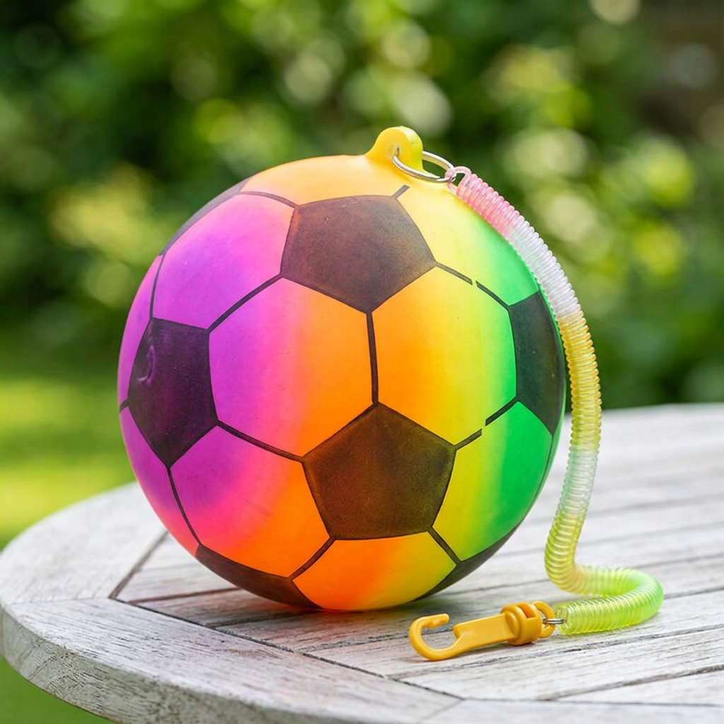 Rainbow football toy on a garden table