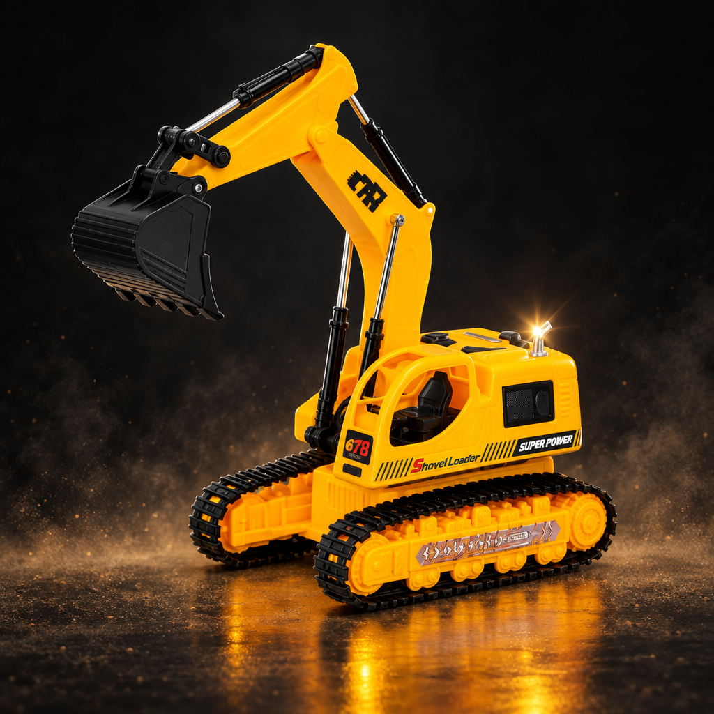 RC excavator on a dark studio background