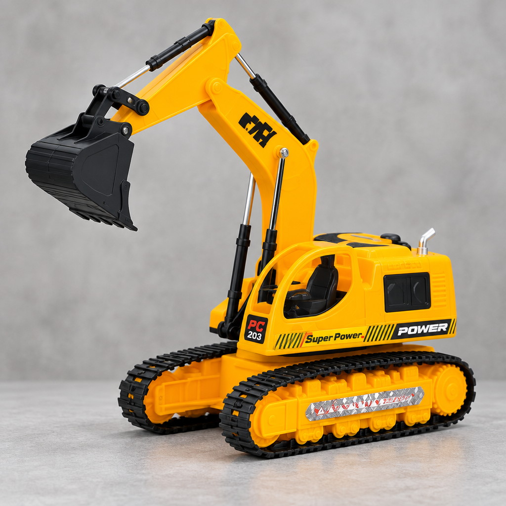 RC excavator photographed from a low side angle