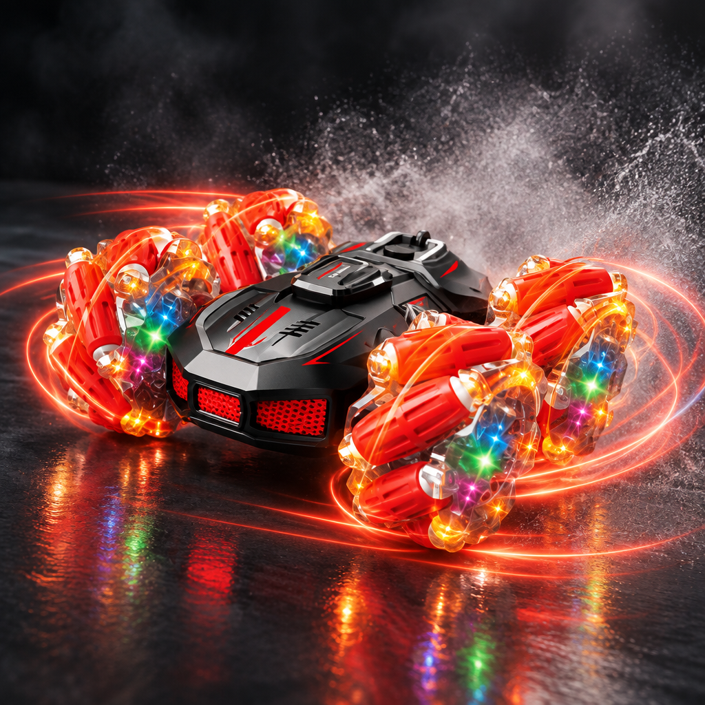 Red stunt car performing a 360-degree spin with spray