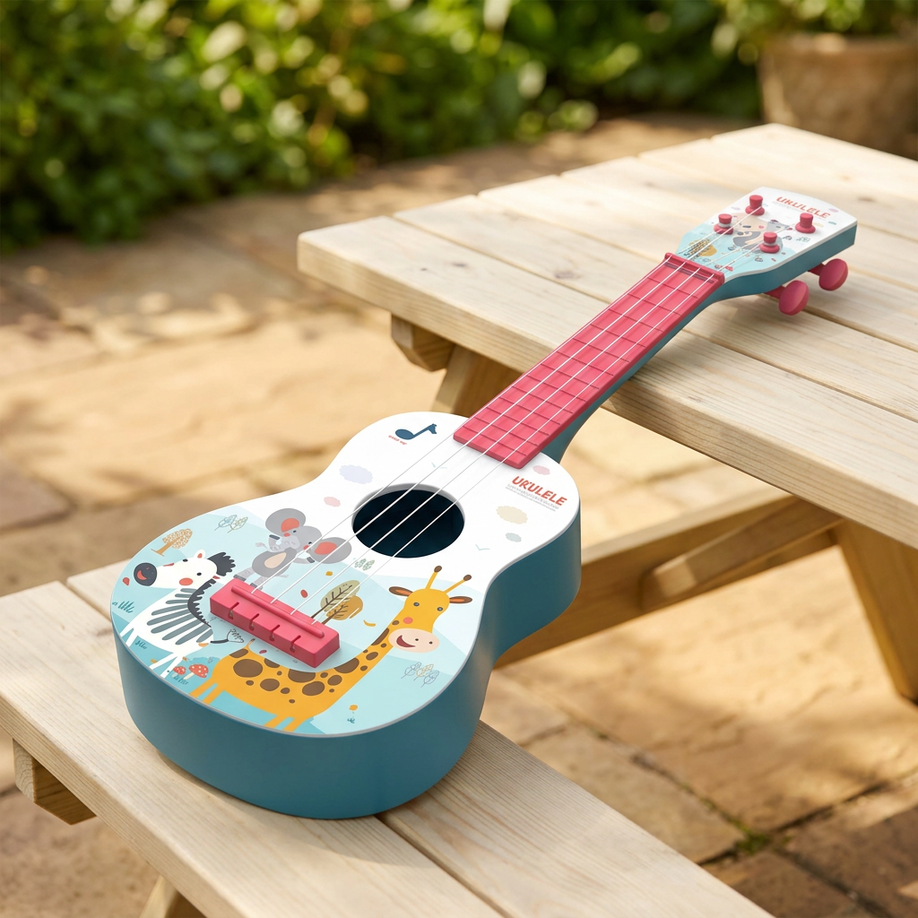 Reference ukulele in a garden setting